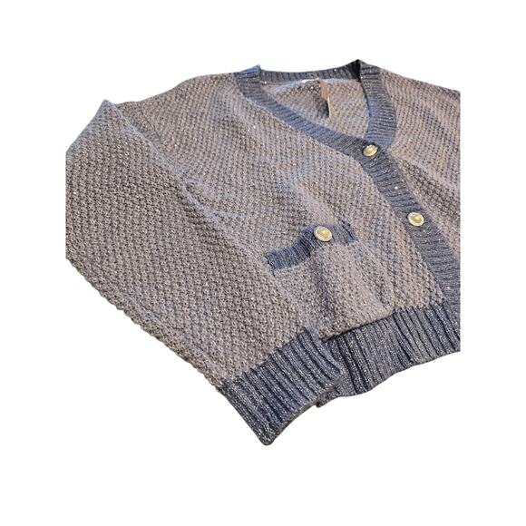 LC Lauren Conrad Womens Sz M V NEck Cardigan Sweater Blue Metallic Weave NEW - Picture 2 of 6